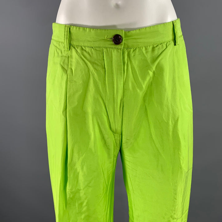 DRIES VAN NOTEN Size 10 Green Neon Silk Cotton Pleated Pants