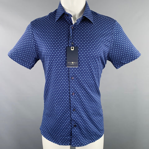 STONE ROSE Size S Navy White Circles Cotton Spread Collar Short Sleeve Shirt