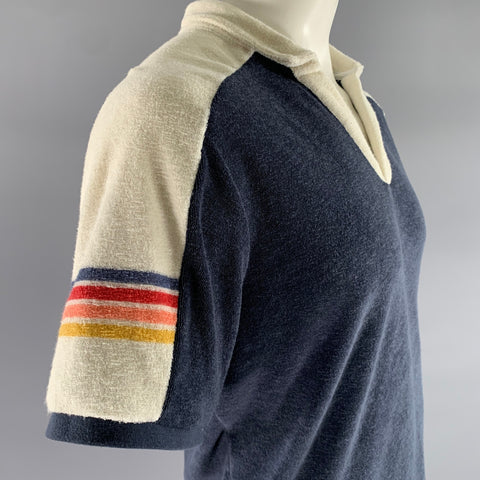 MARINE LAYER Size L Navy White Color Block Polyester Blend Terry Polo