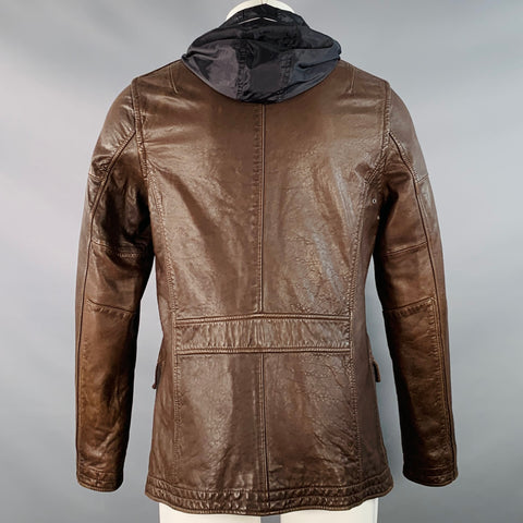 JOHN VARVATOS Size M Brown Black Leather Two Pockets Hooded Jacket