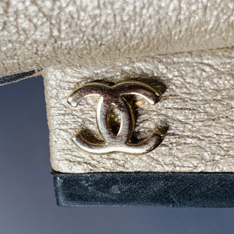 CHANEL Size 8 Gold Black Leather Cap Toe Flats