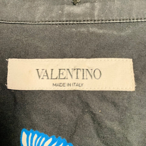 VALENTINO Size S Black White Blue Koi Fish Cotton One Pocket Camp Short Sleeve Shirt