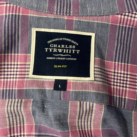 CHARLES TYRWHITT Size L Pink Blue & Purple Plaid Cotton Linen Long Sleeve Shirt