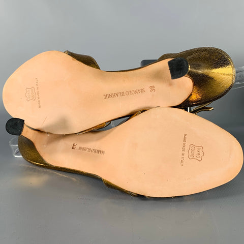 MANOLO BLAHNIK Size 8 Gold Leather Crackled Beaded Sandals