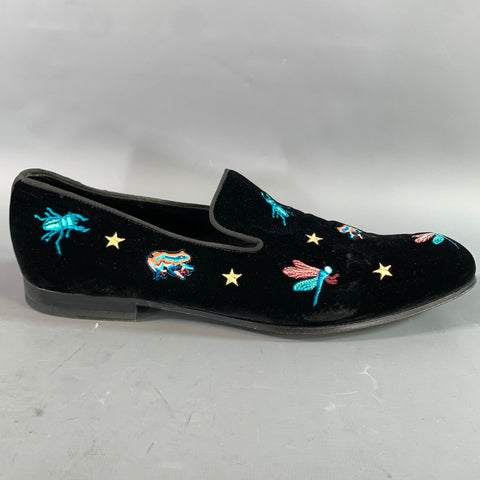 PAUL SMITH Size 11 Black Multi Color Embroidery Velvet Slip On Loafers