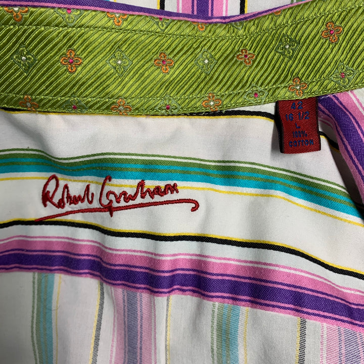 ROBERT GRAHAM Taille L Chemise à manches longues boutonnée en coton à rayures multicolores blanches