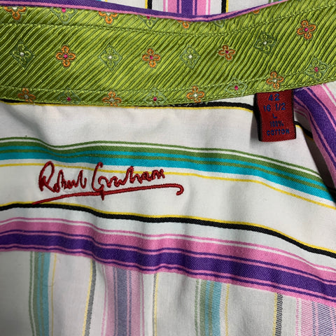 ROBERT GRAHAM Size L White Multi Color Stripe Cotton Button Up Long Sleeve Shirt