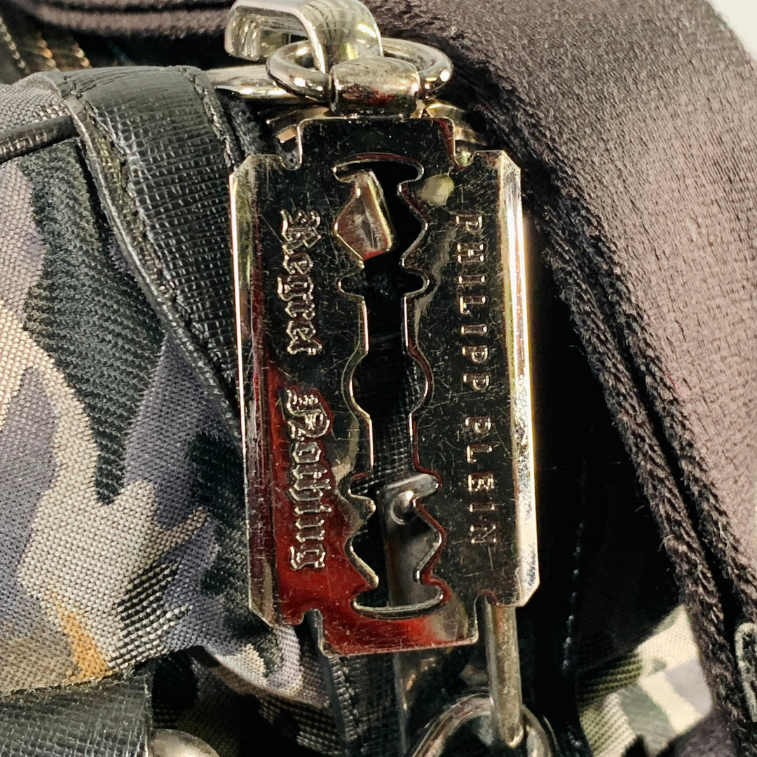 PHILIPP PLEIN Grey Black Camouflage Saffiano Leather Canvas Duffle Bag