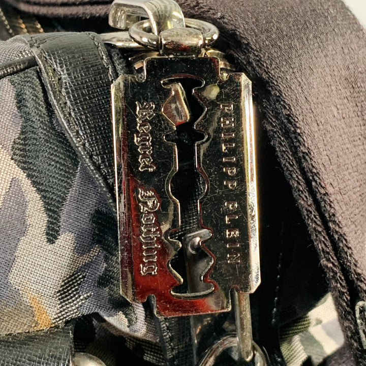PHILIPP PLEIN Grey Black Camouflage Saffiano Leather Canvas Duffle Bag