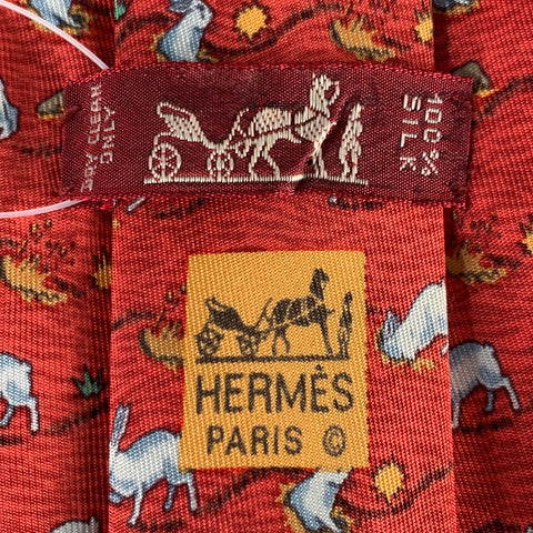 HERMES Red White Rabbits Silk Tie