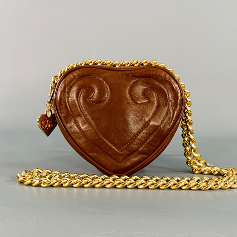 RENA LANGE Rare Brown Gold Heart Shaped Leather Crossbody Chain Handbag