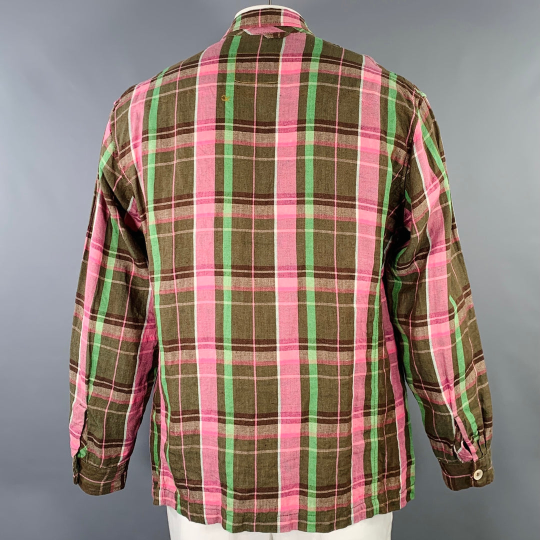 45rpm Size XL Pink Brown Green Plaid Linen Notch Lapel Jacket