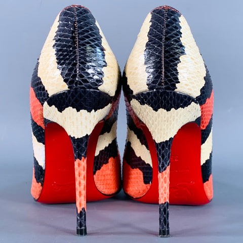 CHRISTIAN LOUBOUTIN Size 5 Orange Black Cream Snakeskin Leather Pointed Toe Stiletto Pumps