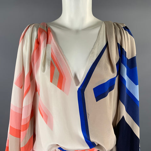 GUCCI  by Tom Ford SS 2009 Size M Blue Peach Silk Geometric V-Neck Mini Tunic Dress