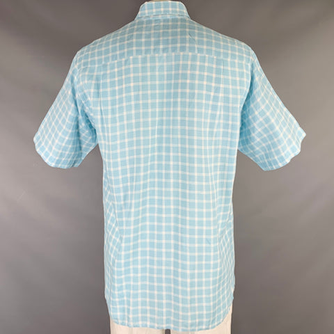 ERMENEGILDO ZEGNA Size L Light Blue White Plaid Linen Short Sleeve Shirt