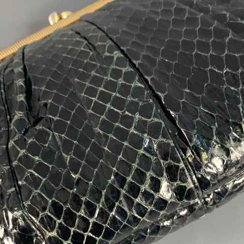 JUDITH LEIBER Vintage Black Gold Tone Snakeskin Leather Kiss Lock Evening Handbag