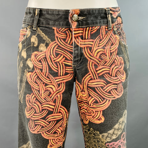 JUST CAVALLI Size 27 Grey Pink Gold Cotton Blend Abstract Tassels Jeans