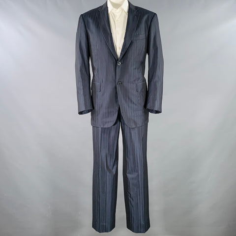 ISAIA Size 46 Long Navy Stripe Wool Silk Notch Lapel Suit