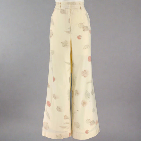 ALEJANDRA ALONSO ROJAS Talla M Pantalón Casual Crema Lana Natural Estampado Hojas Cremallera