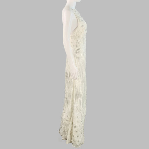 KAREN MILLEN Size 4 White Silver Sequined Spaghetti Straps Evening Gown