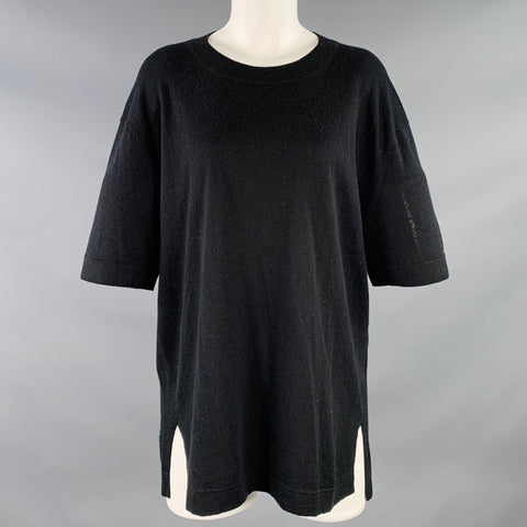JARBO Size 2 Black Silk Cashmere Jersey Short Sleeve Crew Neck Oversized T-shirt Casual Top