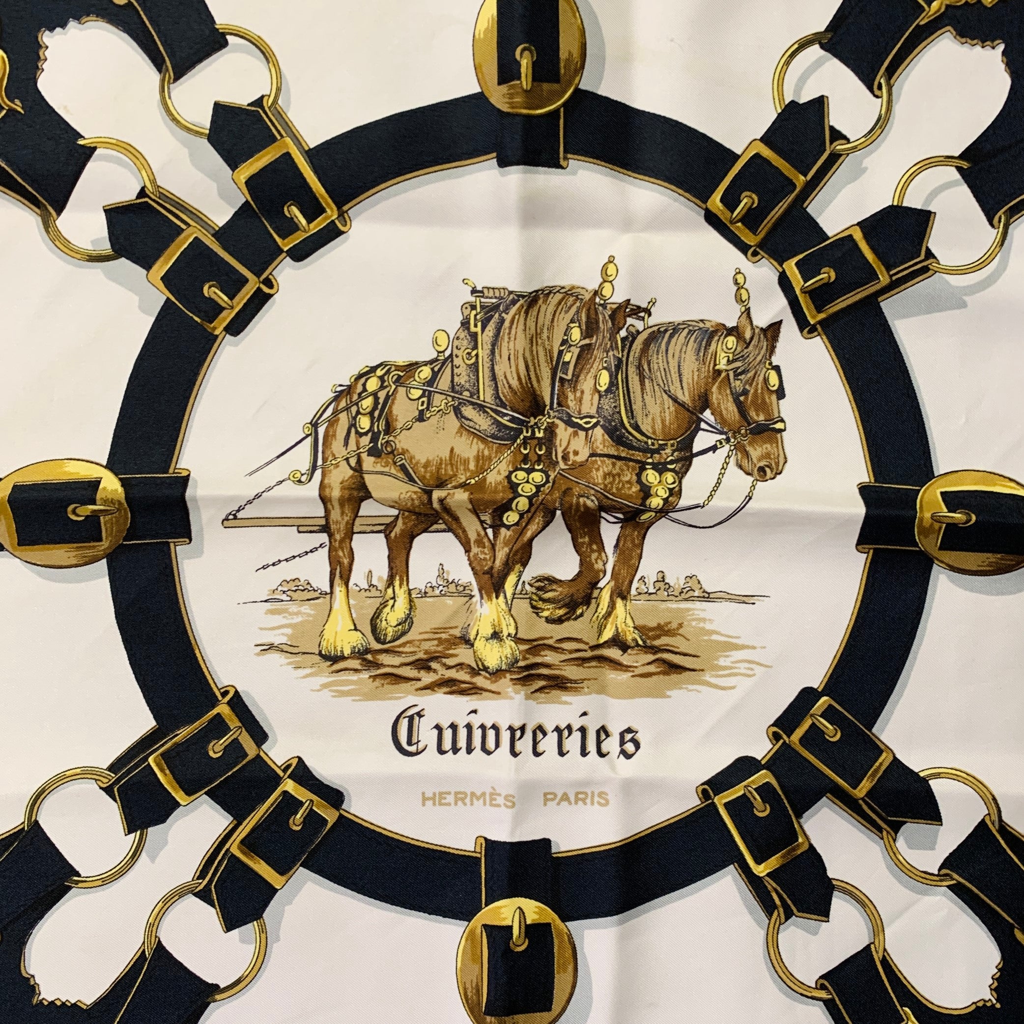 HERMES 1963 Cuivreris Red Gold White Black Horses Silk Twill Scarf