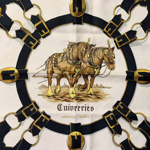 HERMES 1963 Cuivreris Red Gold White Black Horses Silk Twill Scarf
