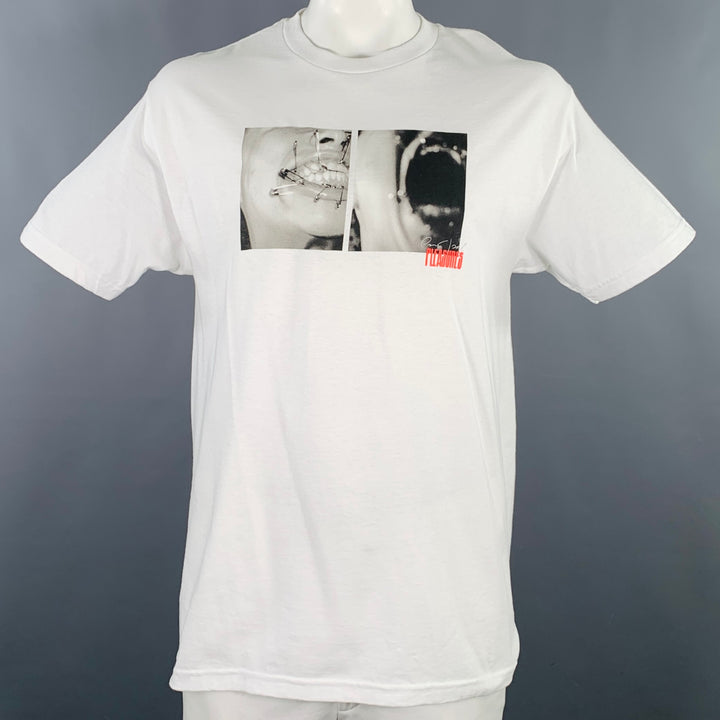 PLEASURES Size L White Grey Graphic Cotton Short Sleeve T-shirt