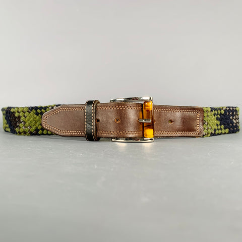 MARTIN DINGMAN Size 40 Green Navy Black Woven Rayon Leather Belt