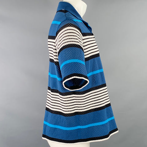 BURBERRY Size S Blue Black White Stripe Stretch Polyamide Mesh Camp Short Sleeve Shirt