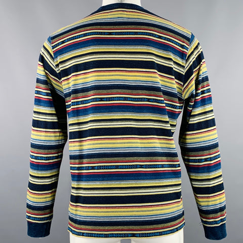 BEAMS PLUS Size M Black Multi Color Stripe Cotton Crew Neck Pullover