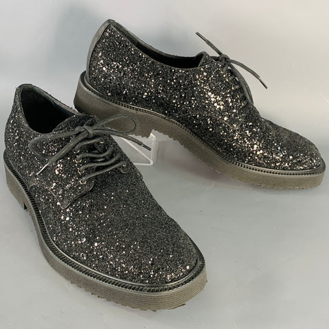 GIUSEPPE ZANOTTI Size 8 Black Glitter Leather Derby Lace-Up Shoes