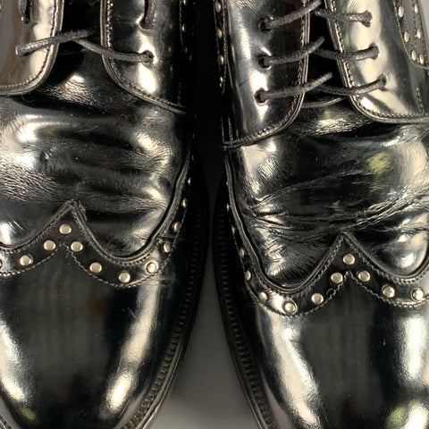 DSQUARED2 Size 11.5 Black Silver Studded Patent Leather Moccasin Lace-Up Shoes