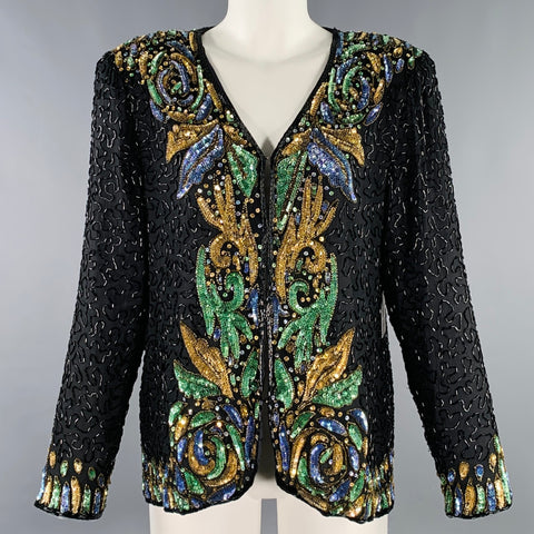 ZENITH FASHIONS Size M Black Multi Color Silk Sequined Jacket Blazer