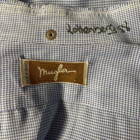 MUGLER Size XL Blue White Checkered Button Up Long Sleeve Shirt