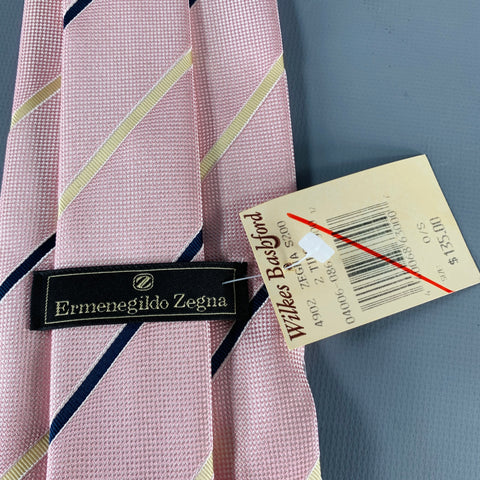 ERMENEGILDO ZEGNA Pink Navy Cream Diagonal Stripe Silk Cotton Tie