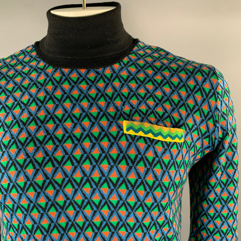 PRADA Size 42 Green Multi-Color Geometric Wool Poly Silk Cotton Sweater