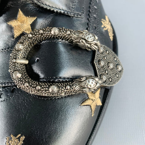 GUCCI Size 8.5 Dionysus Black Silver Gold Bee Stars Embroidery Buckle Boots