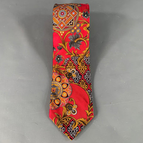 ROBERT TALBOTT Red Gold Grey Abstract Floral Silk Tie