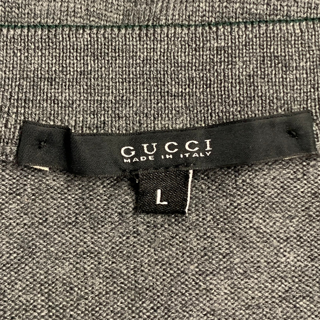 GUCCI Size L Grey Red Green Contrast Trim Wool V-Neck Pullover