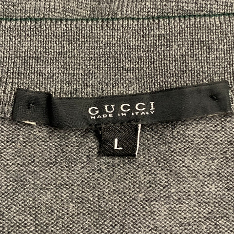 GUCCI Size L Grey Red Green Contrast Trim Wool V-Neck Pullover