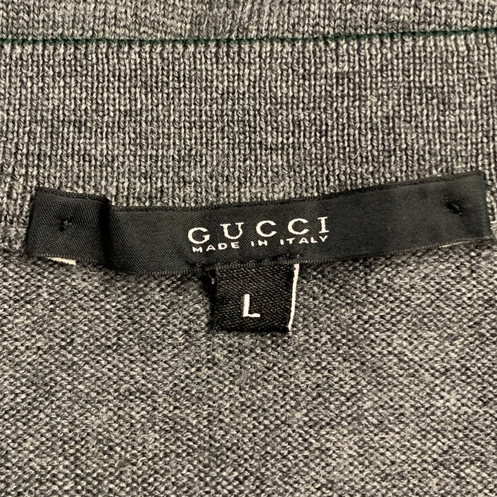 GUCCI Size L Grey Red Green Contrast Trim Wool V-Neck Pullover
