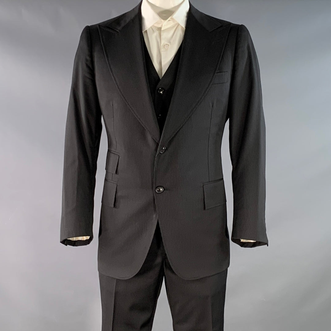 ASTOR & BLACK Size 44 Black Grey Stripe Single Breasted Peak Lapel 3 Piece Suit