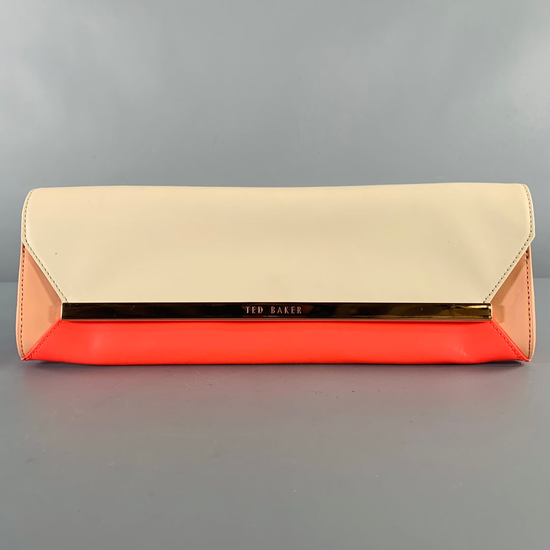 TED BAKER Beige Orange Color Block Leather Clutch Handbag