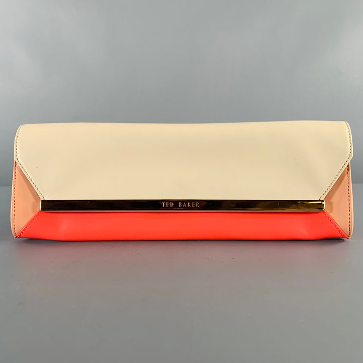 TED BAKER Beige Orange Color Block Leather Clutch Handbag