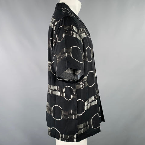 PLEASURES Chemise à manches courtes Camp en rayonne imprimée noire et blanche, taille M