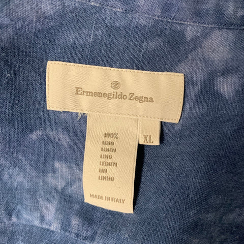 ERMENEGILDO ZEGNA Size XL Blue White Dyed Linen Short Sleeve Shirt