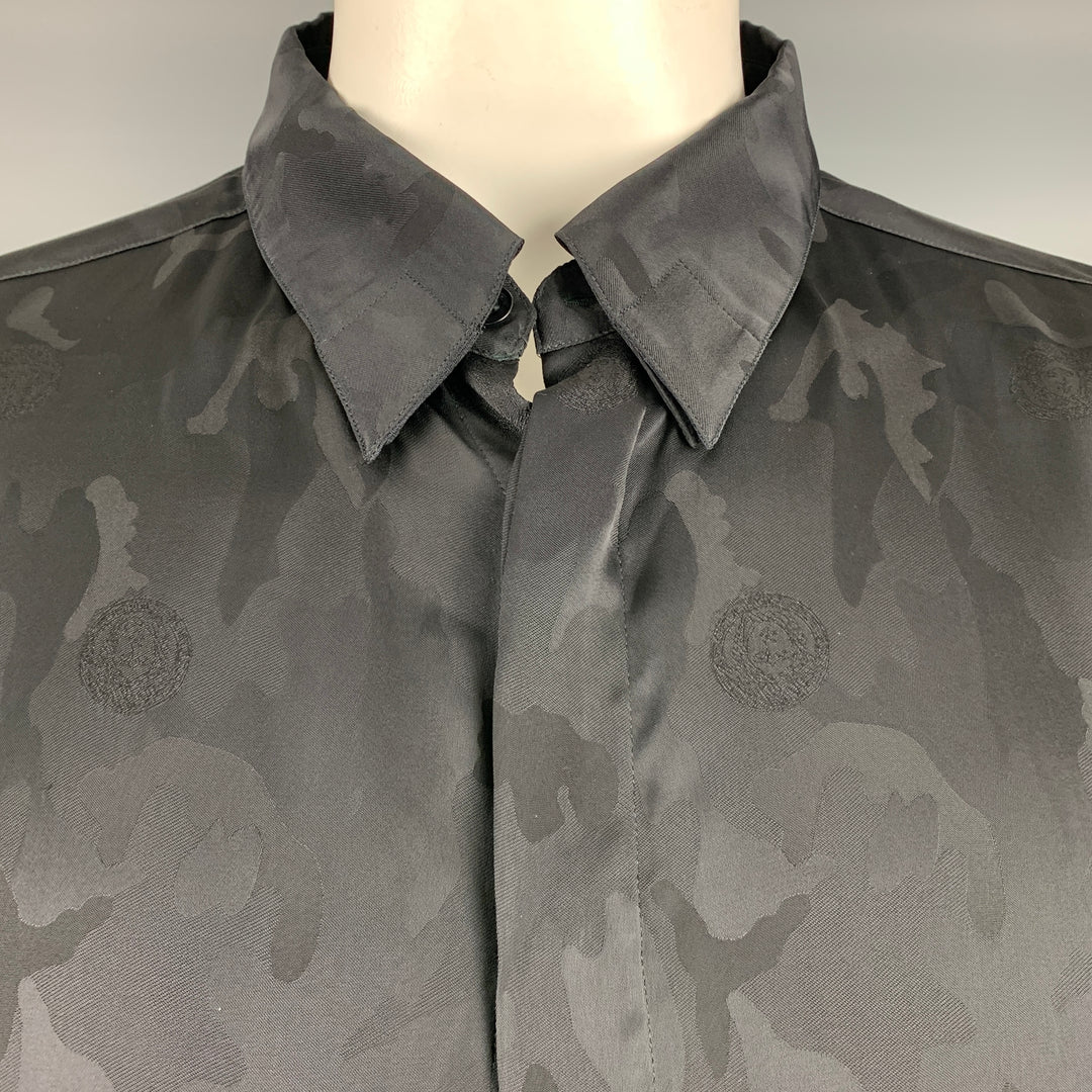 GIANNI VERSACE Size XL Black Camo Silk Hidden Placket Long Sleeve Shirt