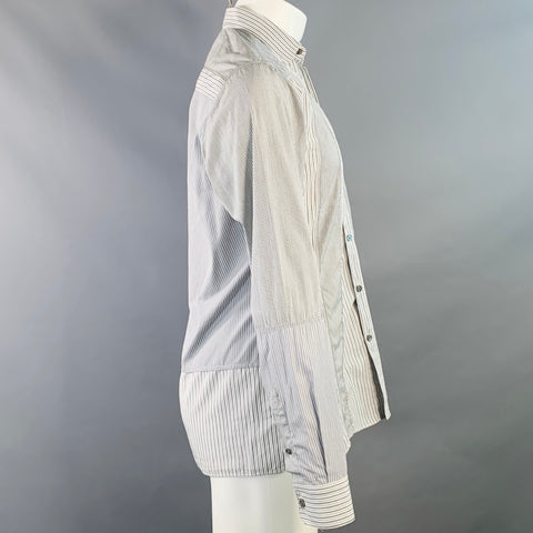 LANVIN Size S Grey White Stripe Cotton Patch Pocket Long Sleeve Shirt