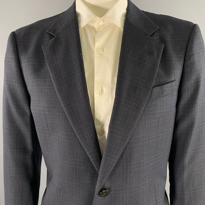 ARMANI COLLEZIONI Size 44 Navy Plaid Wool Notch Lapel Sport Coat